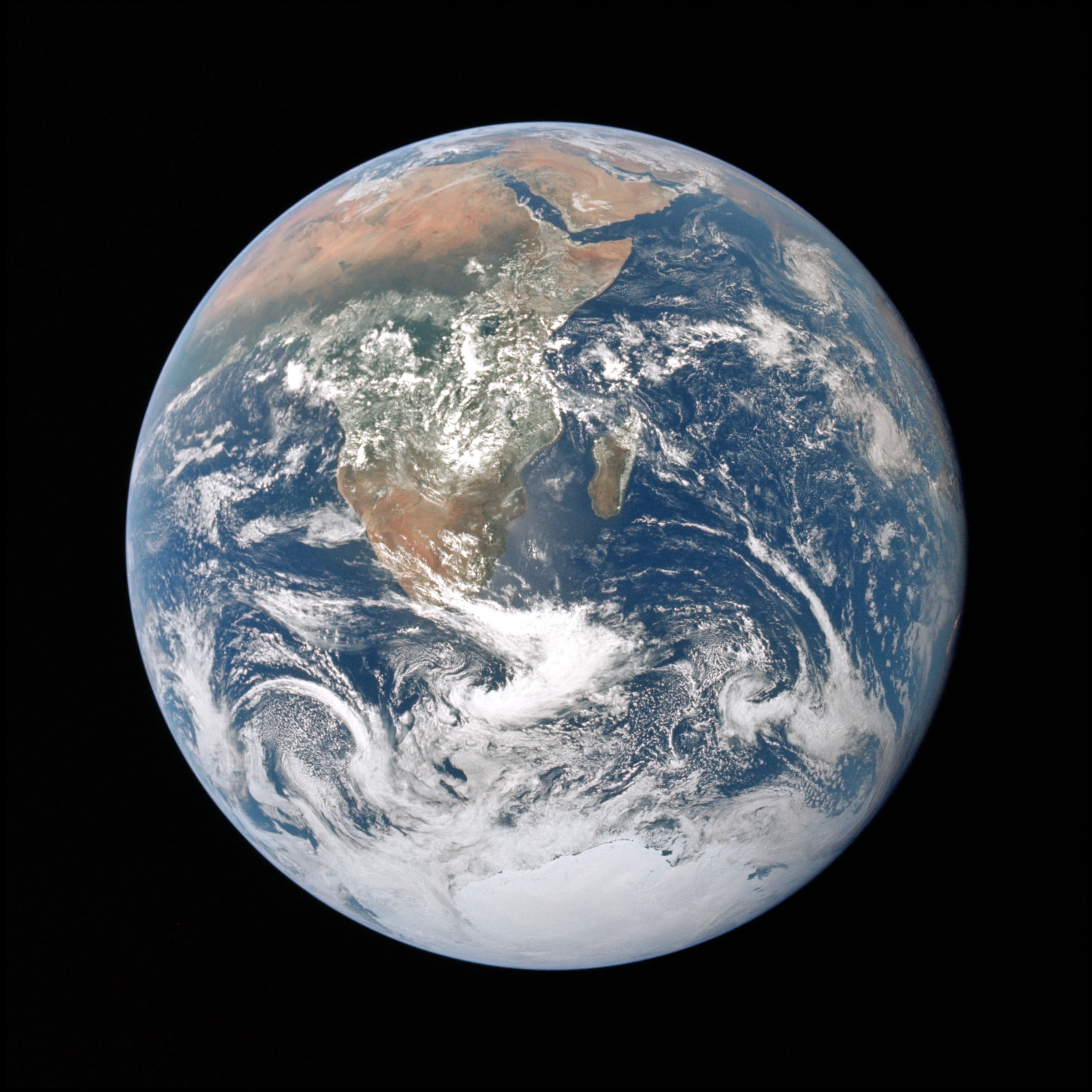 Earth photographed by the Apollo 17 crew, showing Africa, Antarctica, and cloud cover